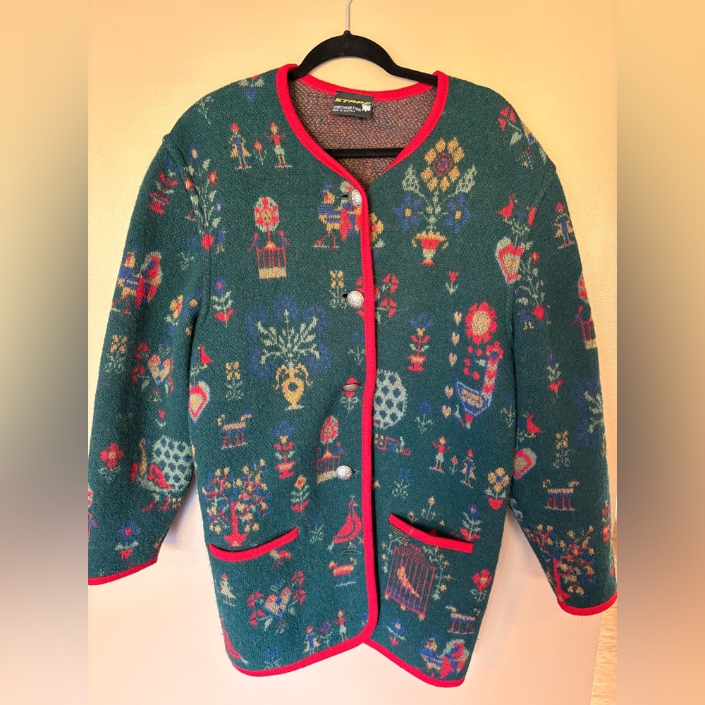 Stapf Austria Vintage wool Green Patterned Sweater with Red Trim OOAK!